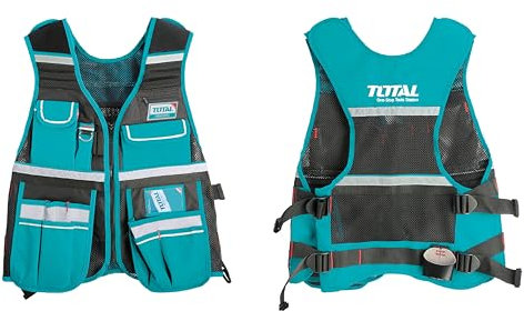 TOTAL - Werkzeugweste | Maße 42 x 60 x 3 cm | Mehrere Werkzeugtaschen | Maximale Belastung von 3 kg | Mit verstellbaren Trägern | Aus atmungsaktivem Material