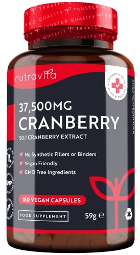 Capsule di mirtillo rosso ad alta resistenza 37.500 mg - 180 capsule vegane - Fornitura di 2 mesi - Integratore di estratto di mirtillo rosso puro 50:1 - Prodotto nel Regno Unito da Nutravita
