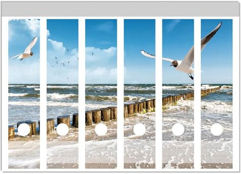 Wallario Ordnerrücken Sticker Fliegende Möwe am Strand - Größe 6 Stück, Rückenschilder für 6 breite Ordner, Klebeetiketten