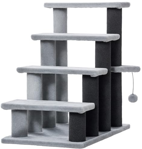 PawHut Cat Stairs, 2 in 1 Cat Tree Tower Pet Steps with Scratching Posts, Hanging Toy Ball, 4-Step Cat Climbing Tower for High Bed, Sofa, Indoor Use, Light Gray