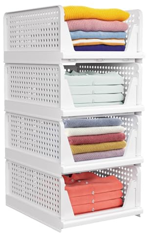 WenYa 4 Pack Closet Organizers and Storage Bins, Stackable Foldable Drawer Organizer Boxes, Large Capacity Sturdy Plastic Clothes Organisers for Wardrobe, Dresser, Dormitory, Home Organization