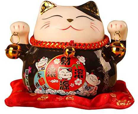 Jenngaoo Ceramic Waving Lucky Cat Figurine, 4.5 Inch Japanese Beckoning Maneki Neko Statue for Home Office Decor, Wealth & Good Luck Attraction, Black