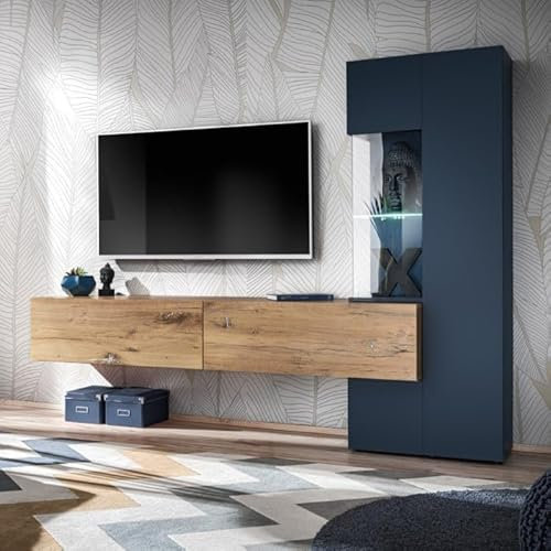 Paris Prix Ensemble Meuble TV Design Marino 210cm Naturel & Bleu