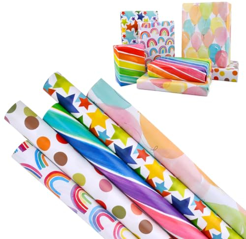 HUMOKI 5 Rollen Geschenkpapier, 45cmx3m Aufbewahrung Geschenkpapierrollen,Geschenkpapier Geburtstag, Regenbogen Tupfen Ballon Stern Streifen Muster Geburtstagspapier,für Geburtstag Party Hochzeit Deko