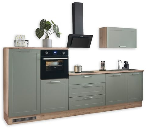 84-291-DS Küchen MARS Küchenzeile Einbauküche San Remo Eiche Nb. / grün Schilfgrün ca. 320/200/60 cm