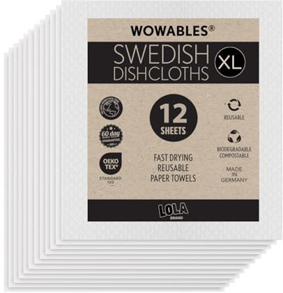 Swedish Dishcloths for Kitchen XL, 12 Sheet Roll, Biodegradable & Compostable, Reusable Paper Towel Cleaning Cloths, 11 x 10, No Odor, Washing Dishes, Ultra Absorbent Cellulose Sponge Towel, By LOLA