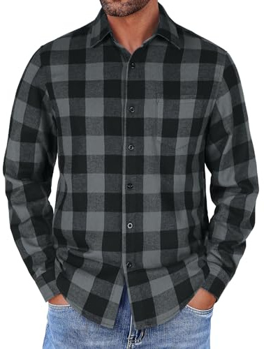 COOFANDY Mens Flannel Shirts Long Sleeve Button Down Shirt with Pocket Casual Shirts Work Shirts for Men,Black Grey,XL