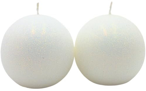Dekohelden24 Hochwertige Handgemachte Glitterkerze, Dekokerze, Glitzerkerze, Tischkerze als Kugel - Kugelkerze im 2er Set in weiß, Lieferumfang 2 Kerzen, Größe L/B/H: ca. 8 x 8 x 8 cm.