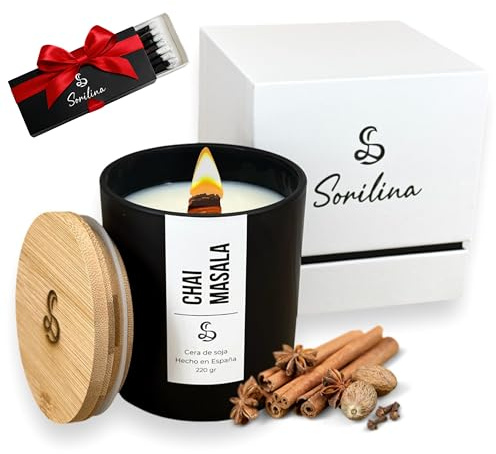 SORILINA Vela Chai Aroma Intenso | Cera de Soja, Mecha de Madera, Cerillas de Regalo