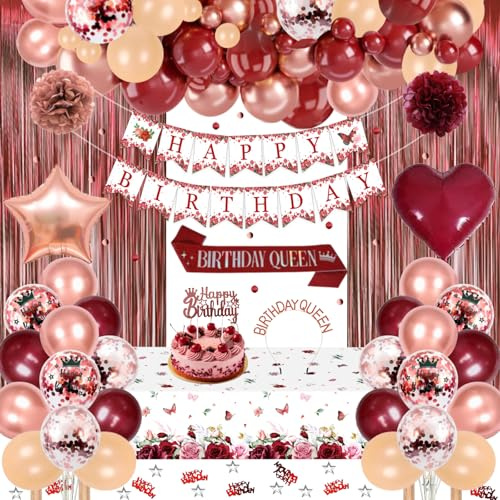 Burgundy Rose Gold Birthday Decorations Set - Happy Birthday Banner, Sash Tiara Crown, Latex Star Heart Foil Balloons, Fringe Curtain, Tablecloth, Pom Poms for Women Girls Princess Party Supplies