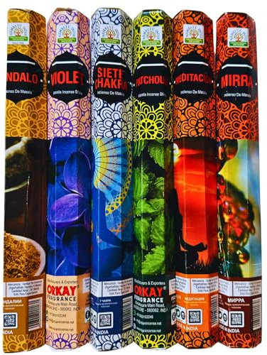 Set 120 Inciensos Masala Natural 6 Fragancias | Varillas Aromáticas Hechas a Mano | Meditación, Chakras, Patchouli, Sándalo, Violeta, Mirra | Artesanales India | Pack Temático: Limpieza Energética