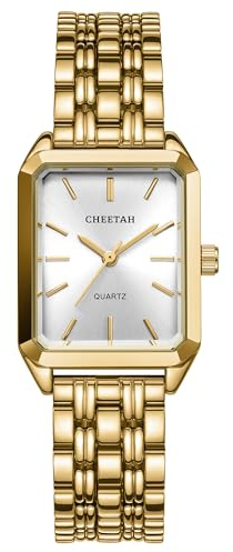 CHEETAH Women's Gold Watch, Rectangular Vintage Quartz Analog Ladies Watches with Stainless Steel Band Waterproof Small Wrist Watches for Female Girls
