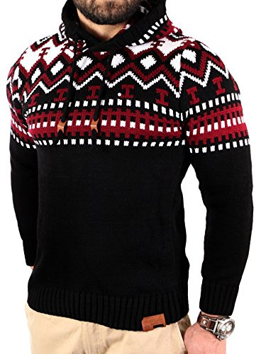 Reslad - Jersey noruego de invierno con capucha de punto para hombre, RS-3013, negro/ rojo, XL