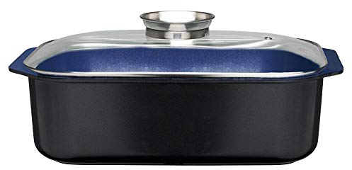 GSW Stahlwaren GmbH Rechteckiger Bräter mit Glasdeckel und Aromaknopf, 40 x 26 x 11 cm, 8 Liter, Aluguss, Blau/Schwarz/Transparent