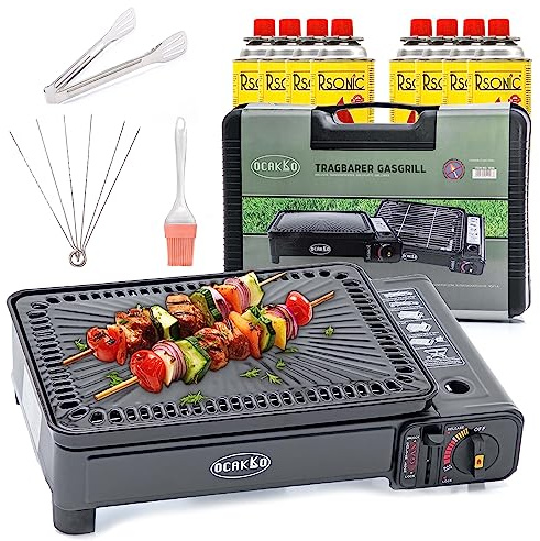 Ocakko Gasgrill für Kartuschen und Gasflaschen Camping Gaskocher mit Rost Grillplatte + Schaschlikspieße | Campinggrill mit 8 Gaskartuschen