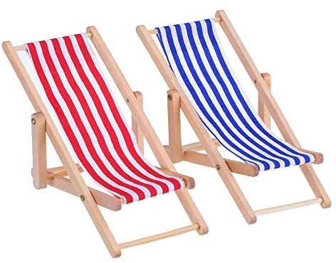 Bememo Sedia da spiaggia pieghevole in legno in miniatura con strisce rosse e blu per interni ed esterni (confezione da 2)