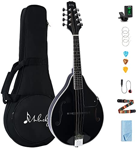 Mulucky A Style Mandolins Instrument, 8 String Acoustic Mandolin with Beginner Kit, Case, Tuner, String, Picks - Black