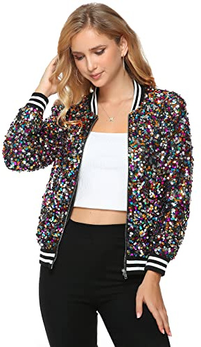 Yutuwomsfushi Womens Long Sleeve Sequin Open Front Zipper Jacket with Ribbed Cuffs Plus Size Sequin Blazer for Party Birthday Christmas (Multicolored L)