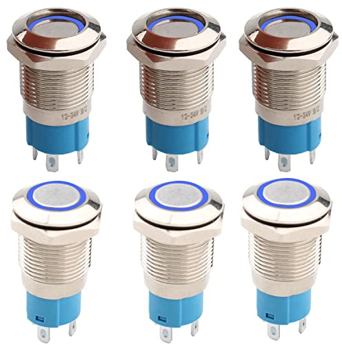 RUNCCI-YUN 6 interruttori a pressione in metallo da 12 mm, DC 12 V/24 V, interruttore SPDT a 4 pin, con luce LED blu, impermeabili, autobloccanti per auto, camper, camion, barche marine (testa piatta)