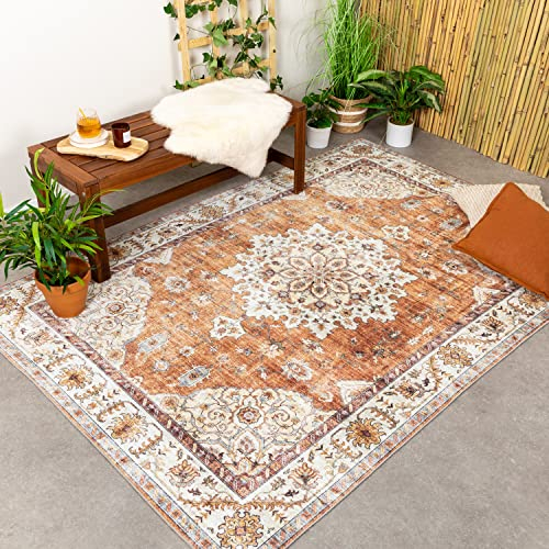 FRAAI | Home & Living Vintage Gartenteppich - Santo Medaillon Terrakotta - Wetterfest - Polyester - Flachgewebe - Balkon, Garten/Terrasse - Terrasse - Rug