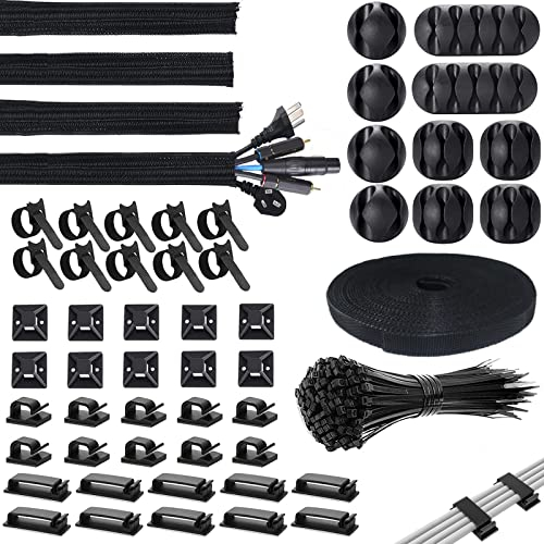 155 Pièces Kit de Gestion de Câbles, 10 Attaches Câble, 1 Rouleau de Ruban, 4 Manchons de Gaine Câble, 100 Attaches de Câble en Nylon et 30 Clips Câbles, pour Cable Management Bureau
