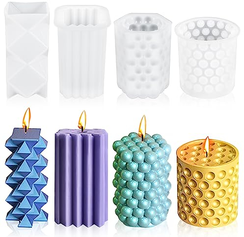 Haudang 4 Stück Silikon-Kerzenformen, 3D-Wellenpunkt-Zylinderlaternenblasenform, für handgefertigte Kerzen und Parfümkerzen, aus weißem Silikon, geeignet für, Bienenwachs u. a. Materialien.