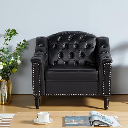 AVZEAR Chesterfield Sofa Chair, Mid-Century Modern Armchair, PU Fabric Single Sofa Chair with Nailhead Trim and Button Tufted for Living Room, Office, Bedroom, Black