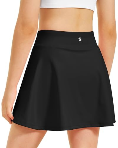 Stelle Girls A-Line Tennis Skort with Built-in Shorts for Sports Play Black