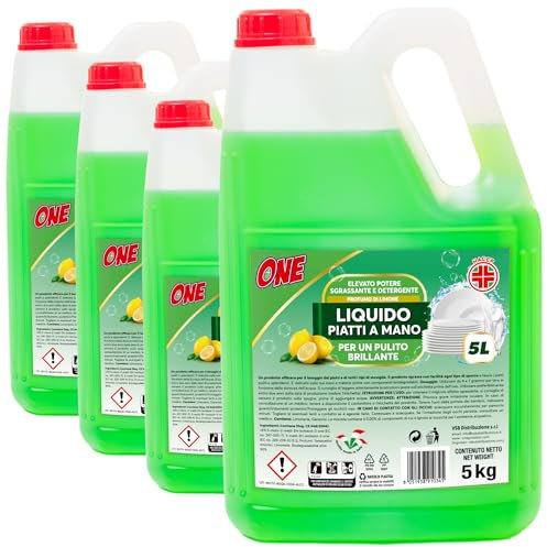 ONE - 20 Litri di DETERSIVO LIQUIDO DETERGENTE PIATTI A MANO al profumo di LIMONE (Pacco con 4 x taniche da 5 lt ciascuna) - Elevanto potere sgrassante e detergente per un pulito brillante
