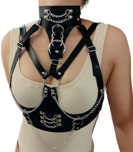 YIYELIY Chaîne de corps en cuir punk Ceinture Harnais Chaînes thoracique en cuir Noir Chaîne de taille en cuir pour femmes