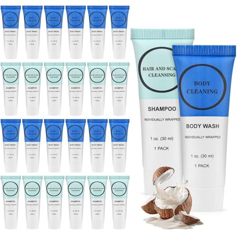 Shampoo and Body Wash Bulk, 30ml Individually Wrapped Hotel Mini Travel Sample Trial Size Shower Gel Shampoo Small Men Women Cleansing Toiletries Amenities for Hotel/Vacation/Homeless (Pack of 60)