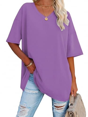 iudam Oversize T-shirt Dam med V-ringning Sommar Longshirt Kortärm Överdimensionerad överdel Avslappnad Sport Toppar Casual Tee Shirts Blusar, lila, 3XL