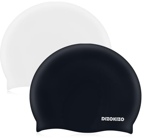 Dizokizo 2pcs Silicone Swim Cap for Kids 6-14, High Elasticity Comfortable Non-Slip Swimming Cap for Girls & Boys, Durable Waterproof Swim Hats for Long and Short Hair, Keep Hair Dry (White & Black)