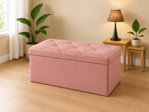 GX GARGIX Pouf, Panca Imbottita con Vano Contenitore Baule Trapuntato in Ecopelle VARI COLORI ELEGANTE (Les-7 Rosa)