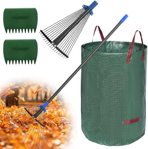 Rastrillo, 183cm Juego de Rastrillos de Hojas Ajustable Set - con 32 Galones Sacos para Hojas y 2 Palas , Rastrillo para Hojas de Jardín Regulable con 20-43cm Cabeza para Limpiar Plantas Césped