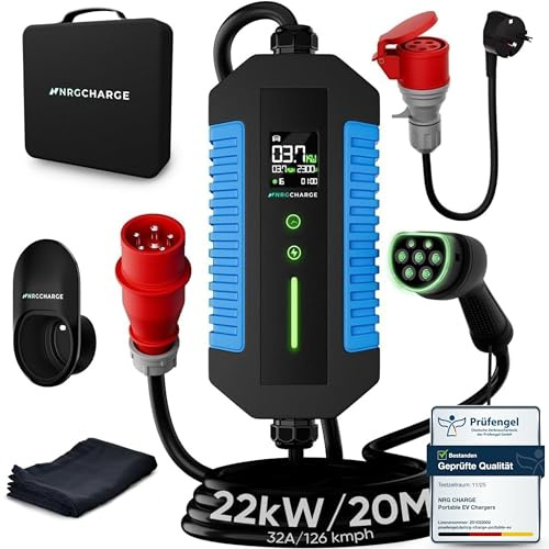 NRG CHARGE Cavo di ricarica tipo 2 CEE spina [trifase, 7m, 6-16A] - Mobile Wallbox & EV Charger - Ricarica rapida per auto elettriche - Compatibile con VW, Tesla, BMW, Audi, Hyundai e altri (22 kW, 20