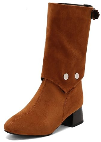 LarDorLin Confort Bout Carré Bloc Bottes Mi-Mollet Femme Equestrian Vintage Chelsea Large Fit Slouch Bottines Dentelle Marrón Taille 34 EU