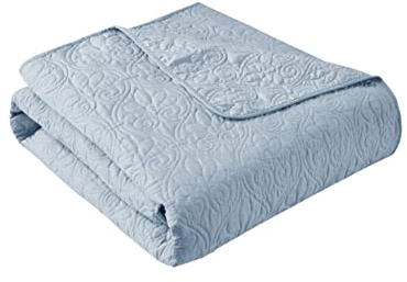 Madison Park Luxe Quilted Throw Blanket - Damask Stitching Design, Cotton Filled Spread, Ultra Soft, Cozy Bedding for Living Room Couch, Sofa, Bed, 60x70, Piping Borders Blue
