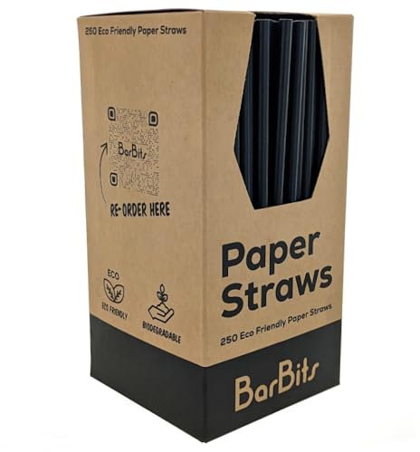 BarBits Black Paper Straws Pack of 250 - Biodegradable & Recyclable Paper Drinking Straws, Ideal for Cold and Hot Drinks
