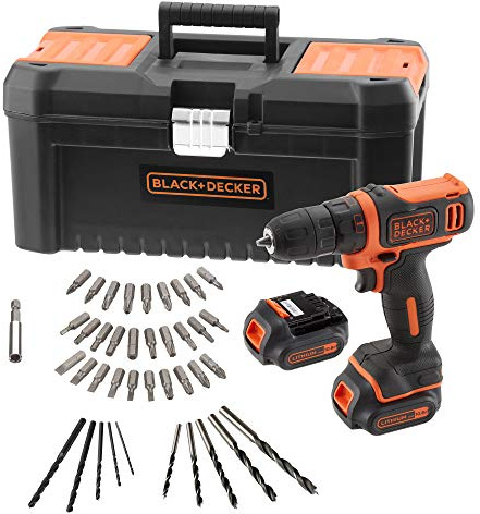 BLACK+DECKER BDCDD121BKA-QW Perceuse-Visseuse sans fil - 2 Batteries - 26 Nm - 40 accessoires - Livrée en boite à outil, 10.8V