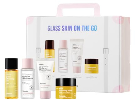 Hanskin Glass Skin On The Go Set, Essential Travel Skincare Set for Glowing Skin on the Plane, Cleansing Oil Skin Essence and Moisturizer [Set of 4/30 ml each]