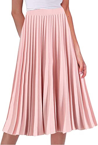 Falda para mujer elástica de cintura alta, plisada, estilo A, falda larga vintage chic, Rosa, S