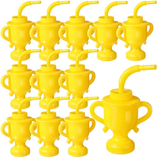 Zubebe 12 Pcs Race Car Trophy Cups with Straws Lids 10oz Plastic Reusable Racing Party Cups Bulk for Kids Two Fast Construction Birthday Party Favors Supplies Holiday Gifts(Gold)