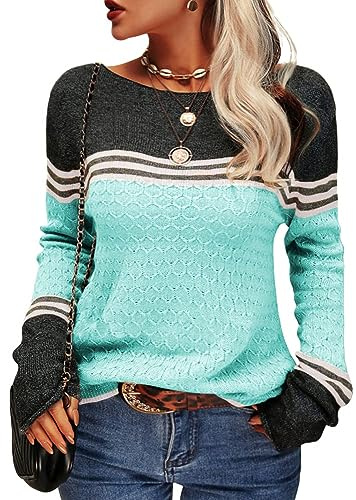 Tankaneo Pull en tricot à manches longues et col rond pour femme | Chemises à manches longues, pull au crochet, rayé, coupe ajustée, tricot, hauts, décontracté, sweat-shirt, haut, pull long