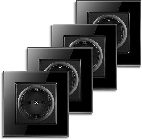 Lot de 4 prises CNBINGO Schuko encastrées avec griffes, prise individuelle avec plaque en verre trempé, prise murale noire avec contact de protection, 1 voie, 16A, 250V