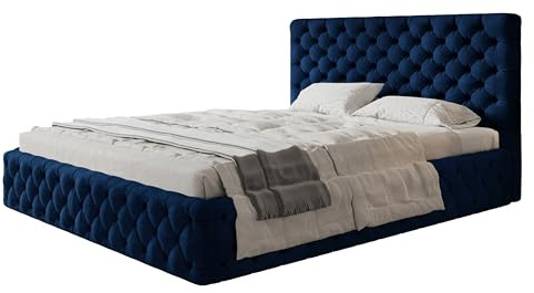 AlpiMeble Bett 180x200 - Polsterbett mit Bettkasten und Holzrahmen - Elegant Betten - Glatter Kronos-Stoff - Kollektion Miami, Blau