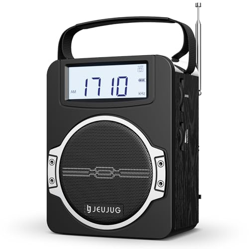 JEUJUG Radio Portable AM FM Digital Radios Clock Radio with Bluetooth 5 Watts Loud Speaker Rechargeable AM FM Radios Plug in Wall Battery Operated Best Reception for Home Outdoor Great Gift Black