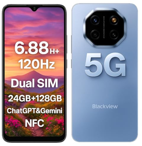 Blackview Shark 6 5G Smartphone con IA, 24GB+128GB, Display 6.88 HD+ 120Hz, 3 Assistenti IA Integrati, Doppia Fotocamera 16MP+8MP, Dual SIM Dual 5G Cellulare, Android 15 Sbloccato, GPS NFC, Blu