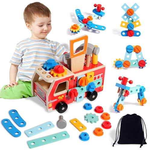 ZUSUZU Boite a Outils Enfant Jeux,Jouet en Bois Outil Enfant,Camion de Pompier en Bois 2 en 1 et Caisse a Outil Enfants, Montessori Jeux Outils et établis Cadeau Garcon Fille 2 3 4 5 Ans