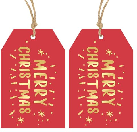 G2PLUS Etichette Regalo di Natale: 50PCS Etichette Buon Natale Rosse 8,5 x 5,5 cm con Scritta Dorata e 10m di Spago per Confezioni, Fai-da-te e Decorazioni Natalizie